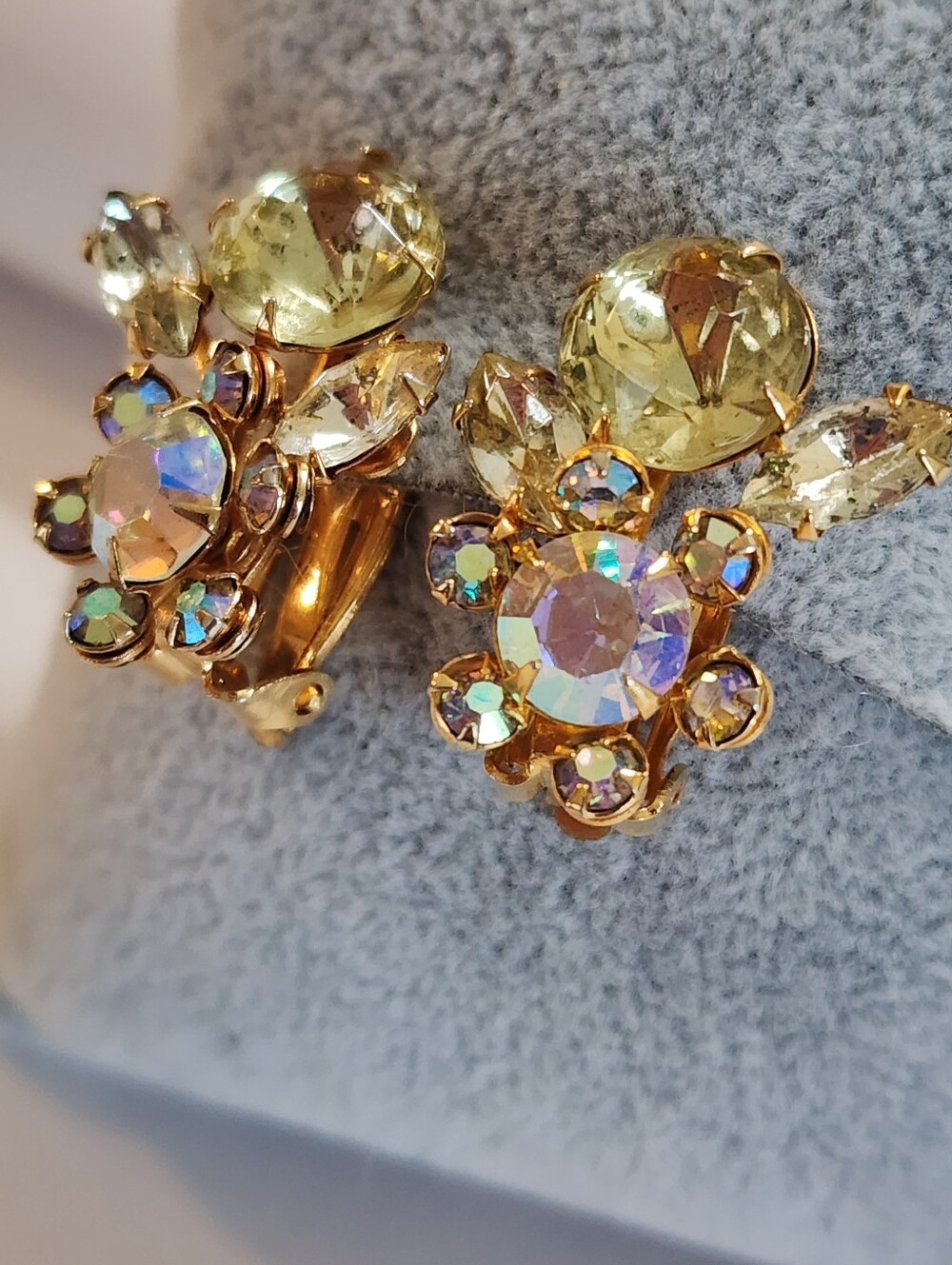 Vintage Uranium Glass Rhinestone Floral Clip Earrings UV Reactive AB  Climbers
